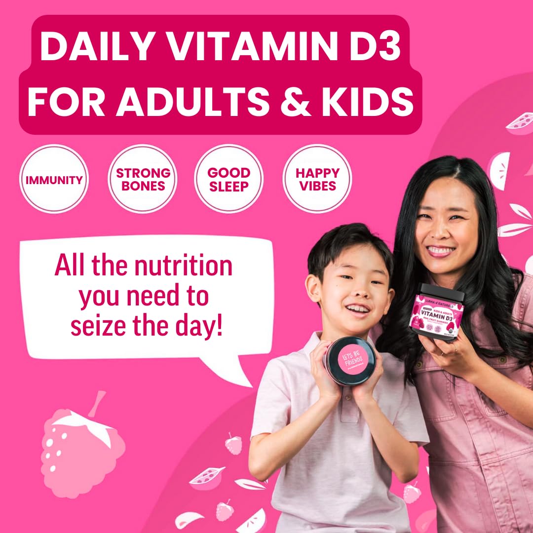 Llama Naturals Vitamin D3 gummies natural ingredient label emphasizing vegan source.
