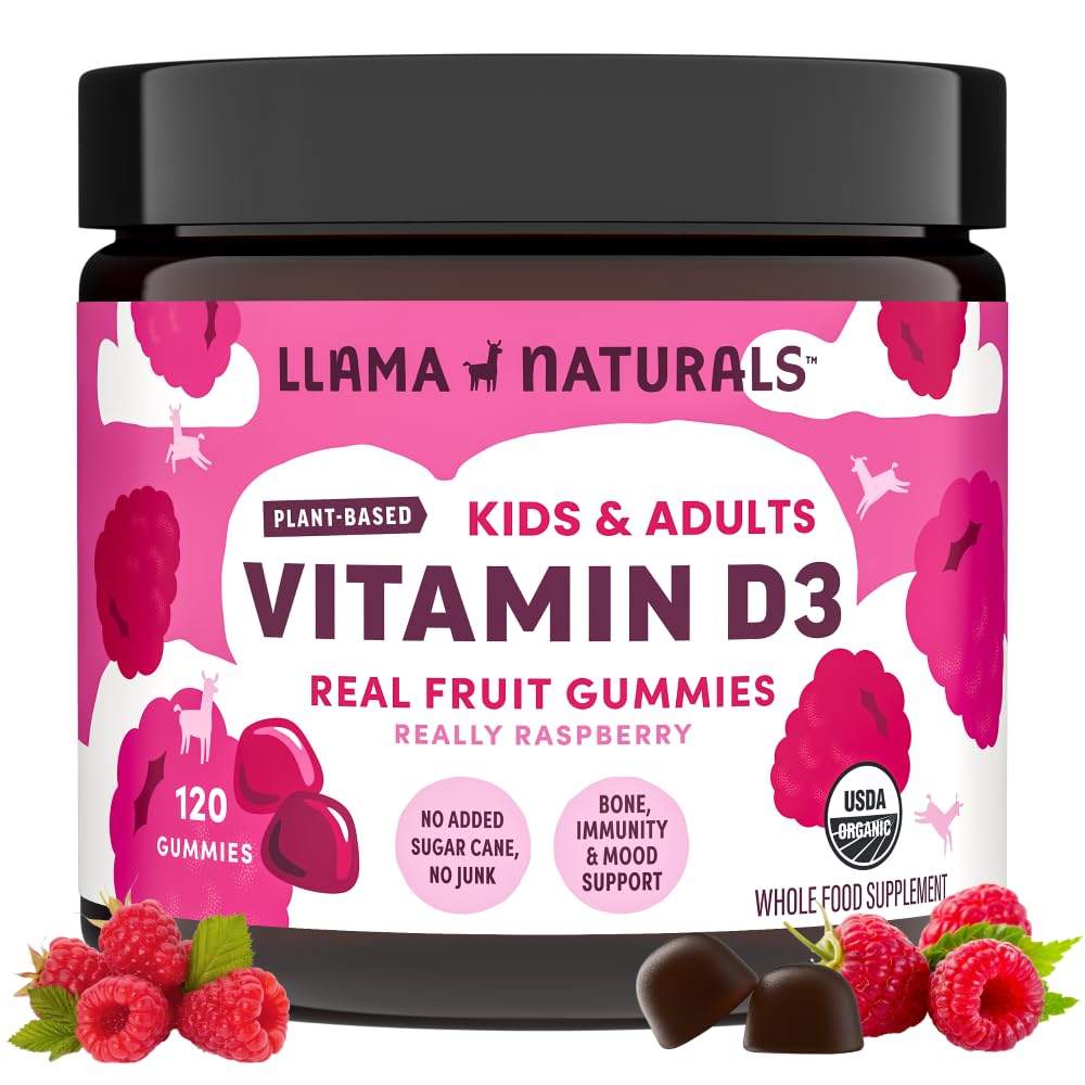 Llama Naturals Vitamin D3 gummies raspberry bottle for daily bone and immune support.