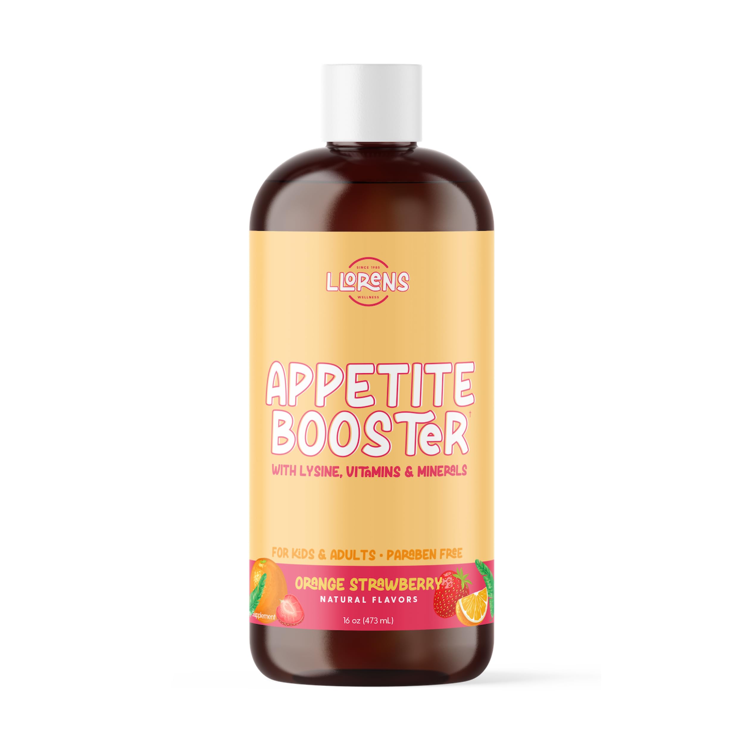 Llorens Pharmaceutical Appetite Booster bottle illustrating a kid-friendly, sugar-free formula for daily use.