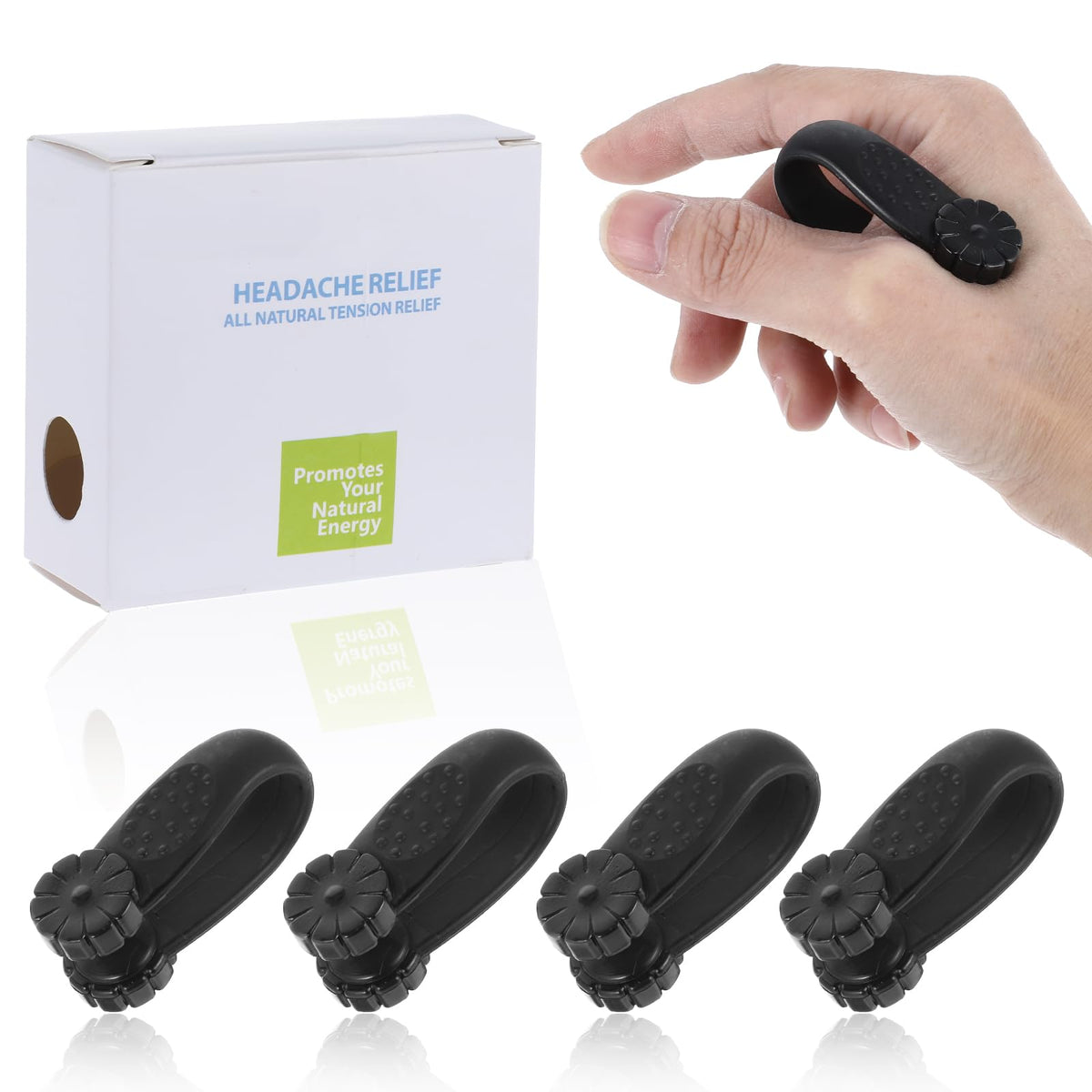 LLOUSSAK migraine relief clip thumb demonstrates acupressure application for tension relief