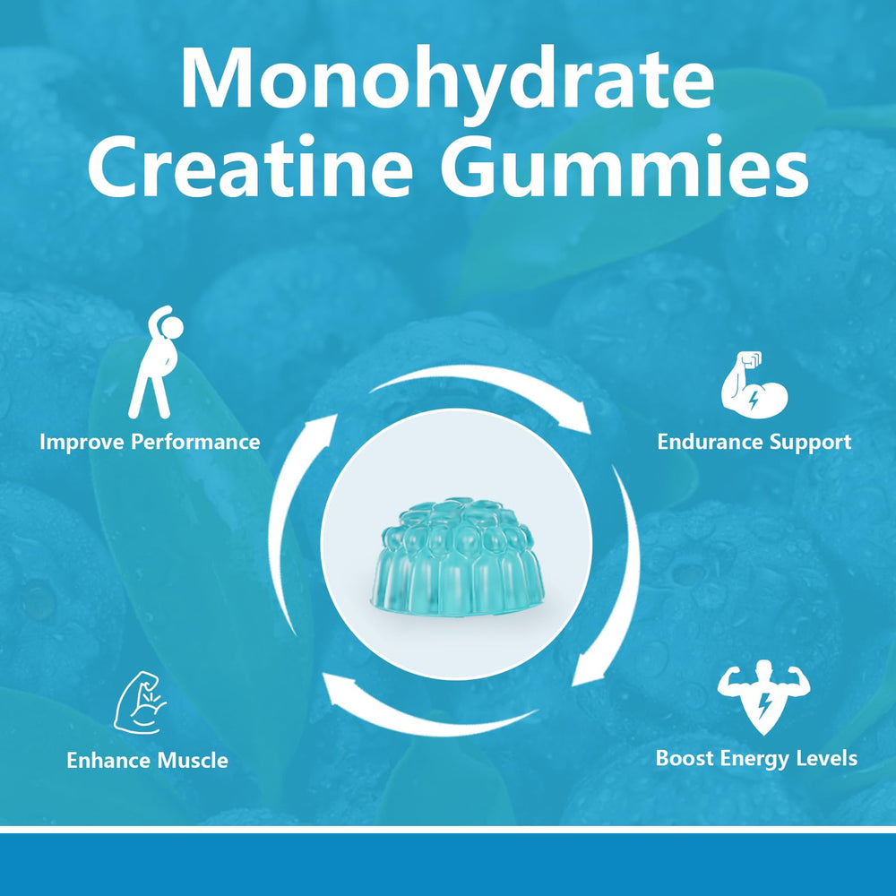 LLQQIT Creatine Monohydrate Gummies blueberry serving highlights a tasty, sugar-free option.