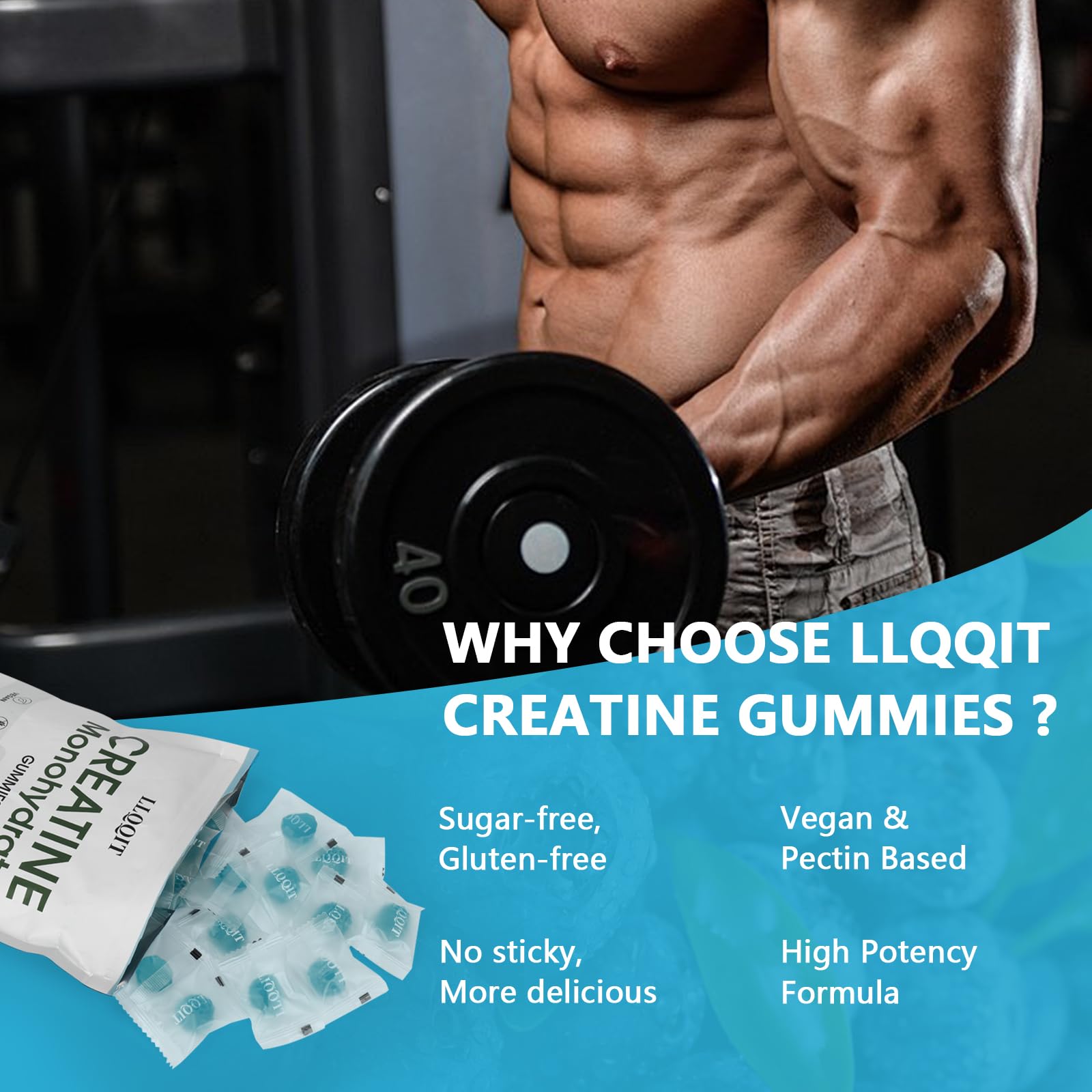 LLQQIT Creatine Monohydrate Gummies on-the-go jar shows portable workout fuel.