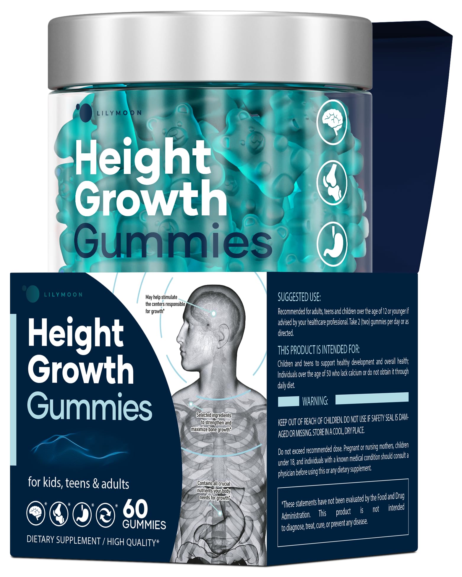 LM Lilynutramoon Height Growth Gummies bottle showing bone support for daily nutrition
