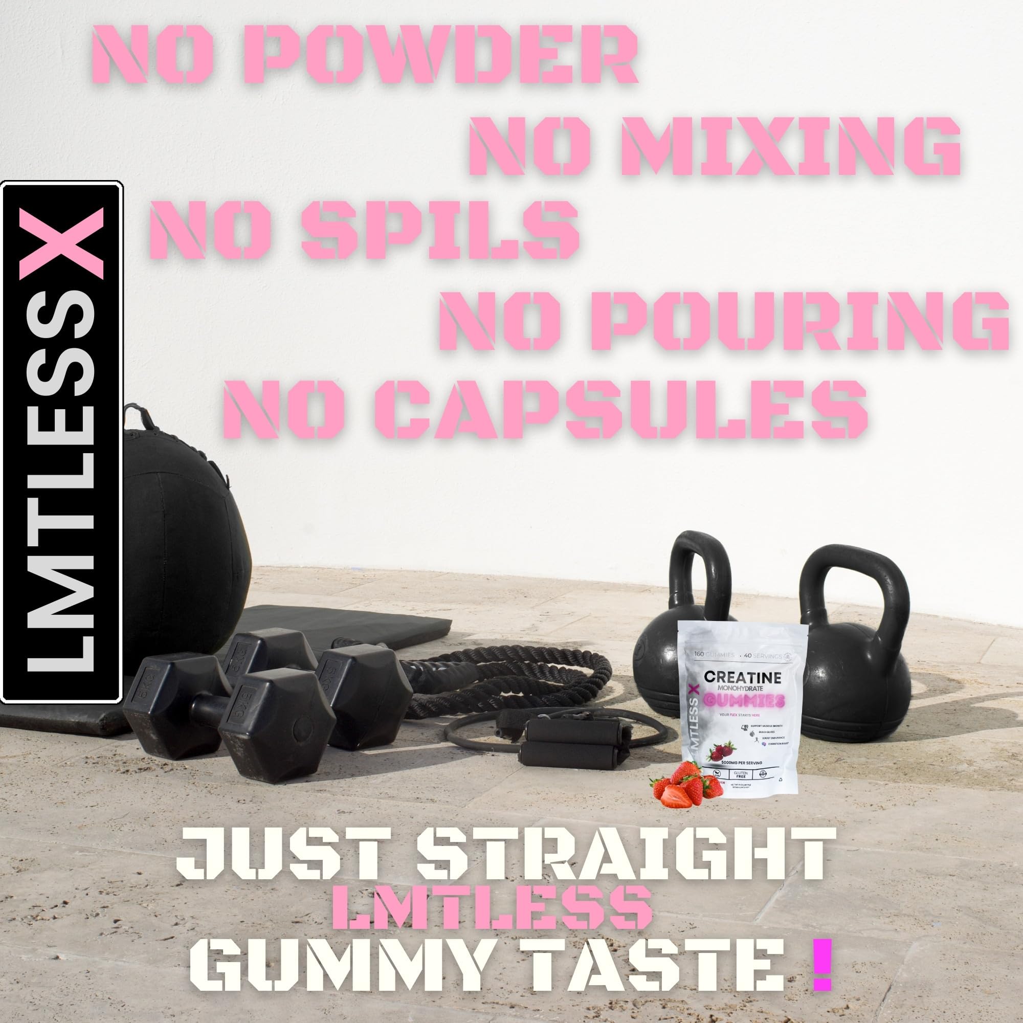 LMTLESS X Booty-Muscle Builder Gummies label close-up emphasizing 5g serving.