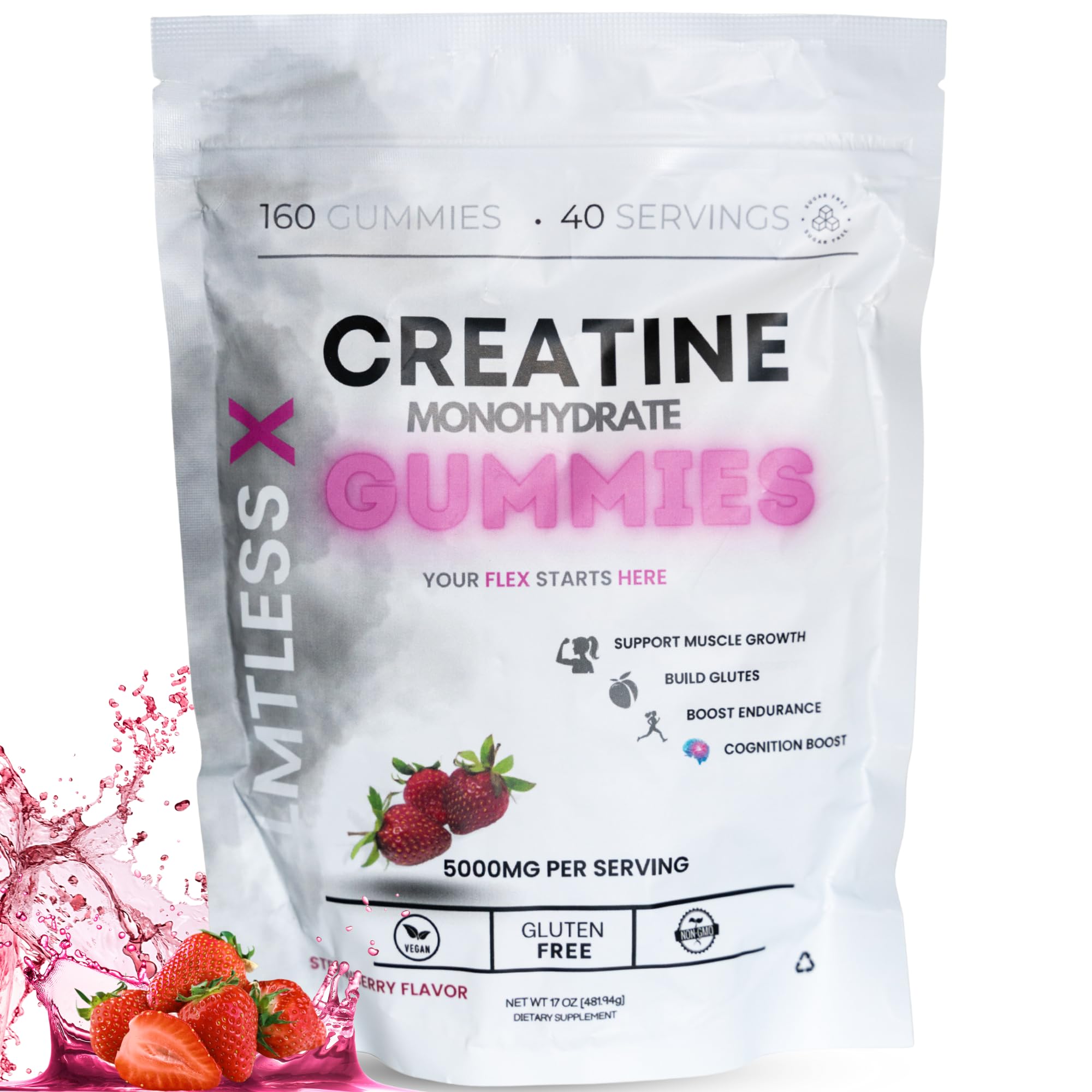 LMTLESS X Creatine Women Strawberry bottle showing strawberry-flavored gummies for recovery support.