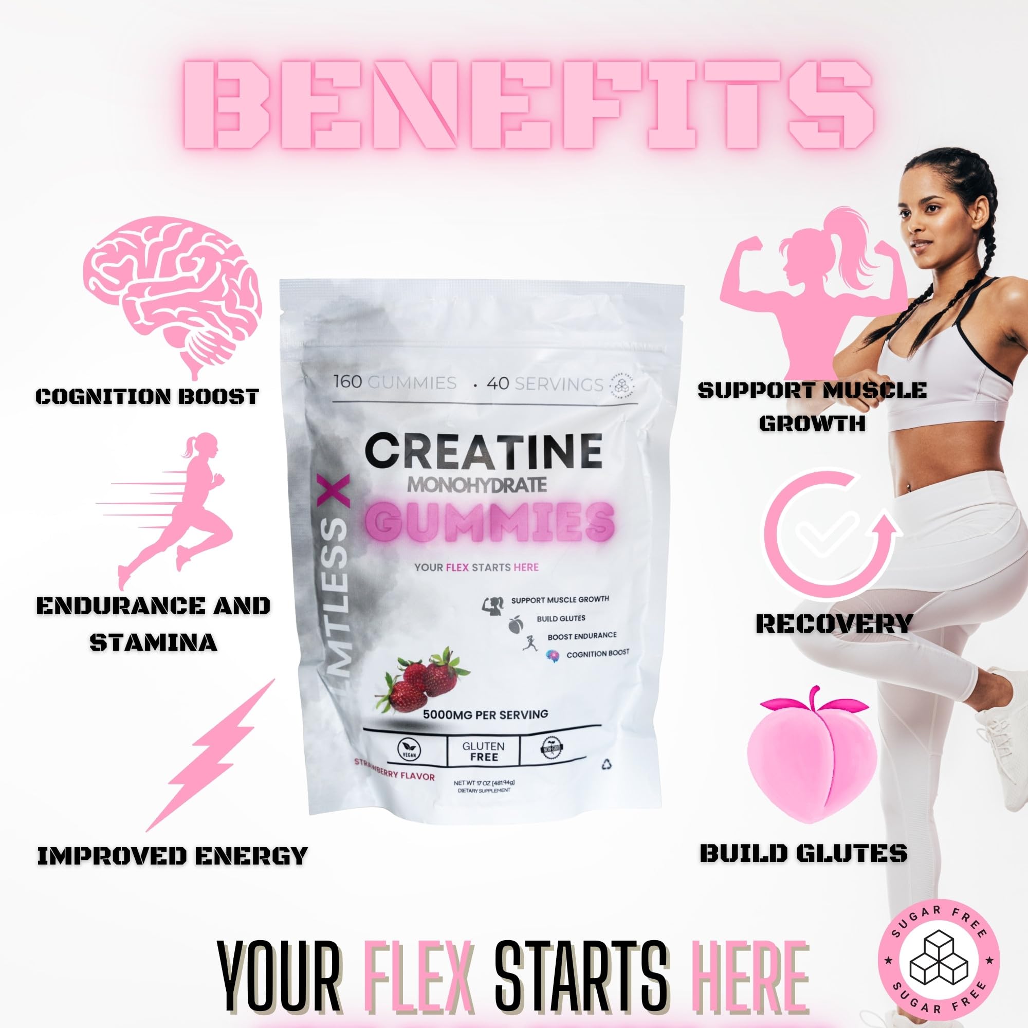 LMTLESS X Creatine Women Strawberry gummies close-up highlighting convenient chewable form.
