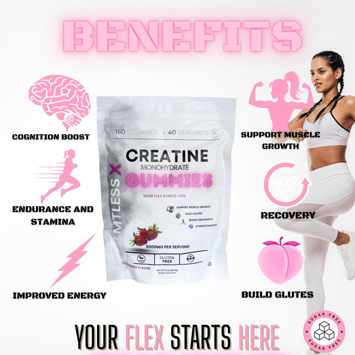 LMTLESS X Creatine Women Strawberry gummies close-up highlighting convenient chewable form.