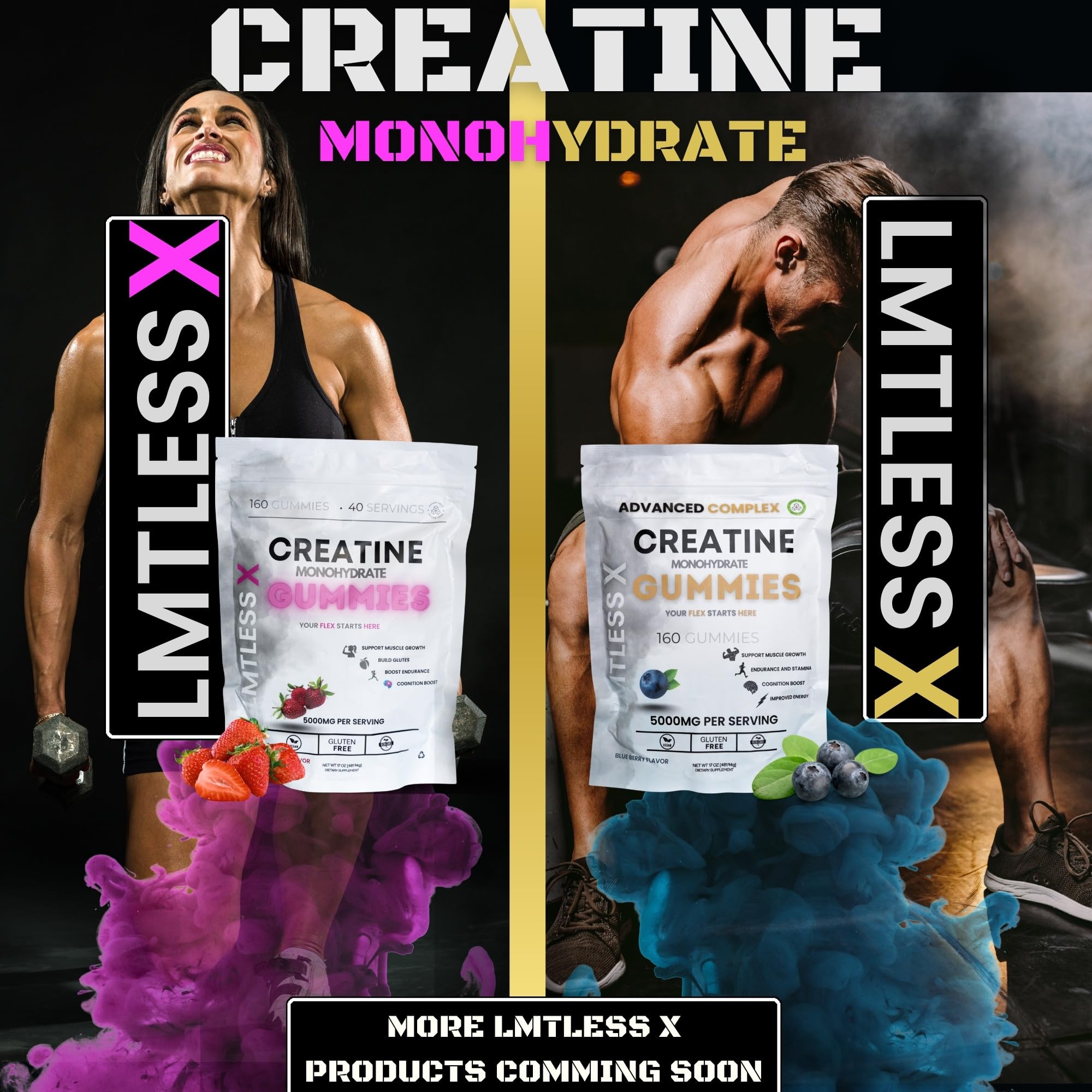 LMTLESS X Packaging and open gummies spread to highlight freshness and flavor.
