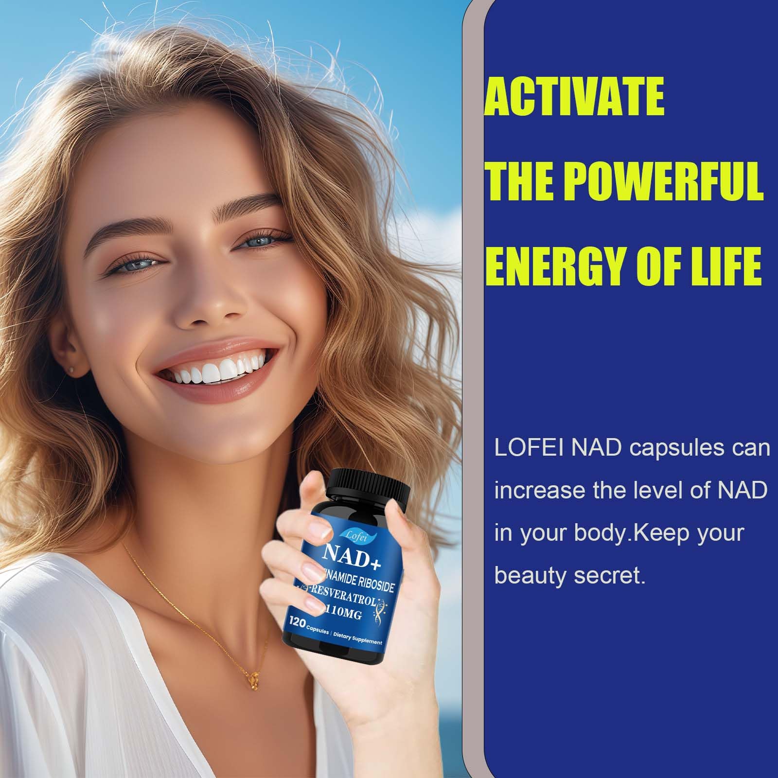 Lofei NAD supplement bottle in a lifestyle setting.