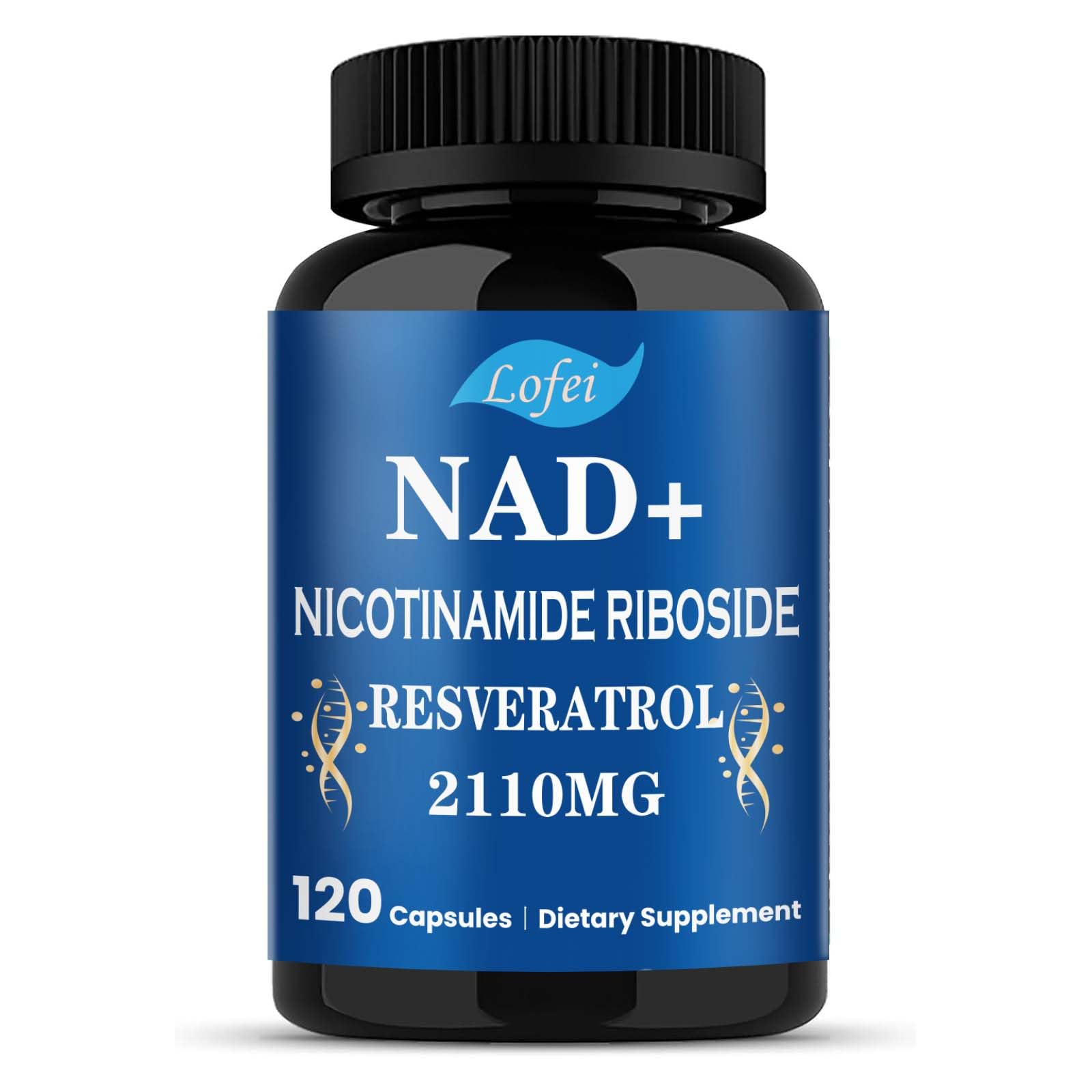 Lofei NAD supplement bottle with easy-to-swallow capsules for sustained energy.