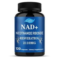 Lofei NAD supplement bottle with easy-to-swallow capsules for sustained energy.