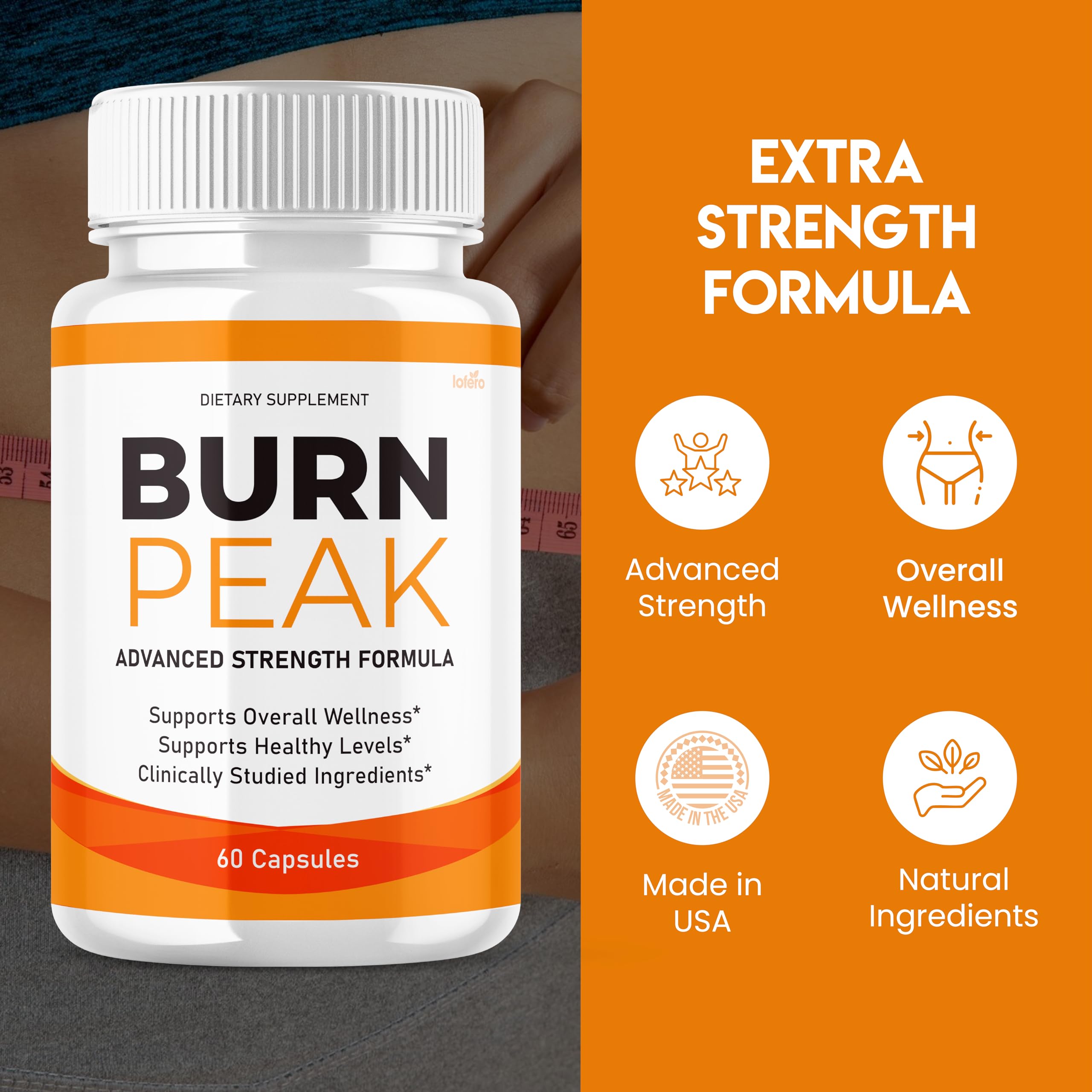 Burn Peak advanced supplement packaging presented for general wellness and energy.