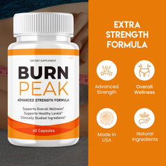 Burn Peak advanced supplement packaging presented for general wellness and energy.