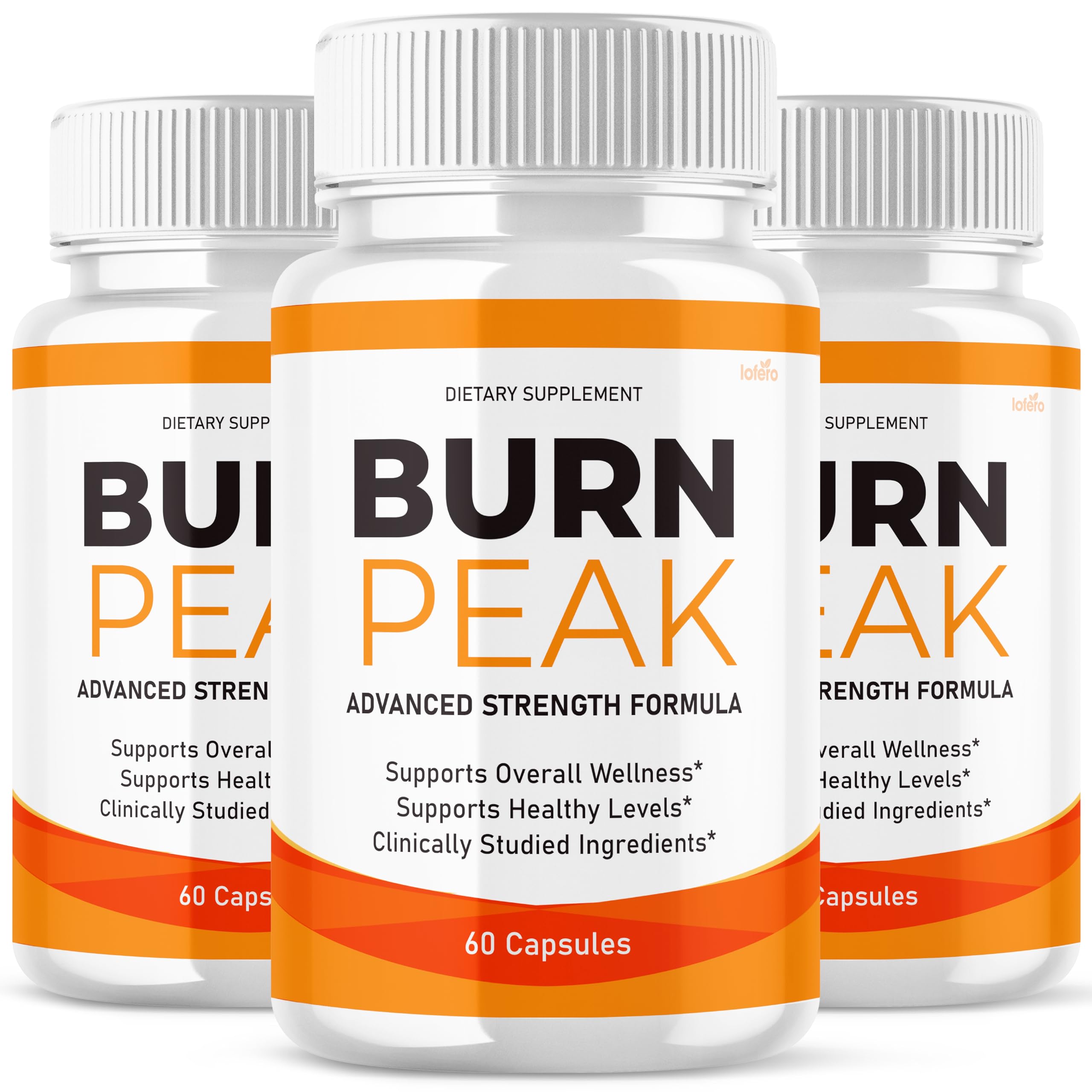 Lofero Burn Peak capsules on a bottle, highlighting energy-boosting formula.