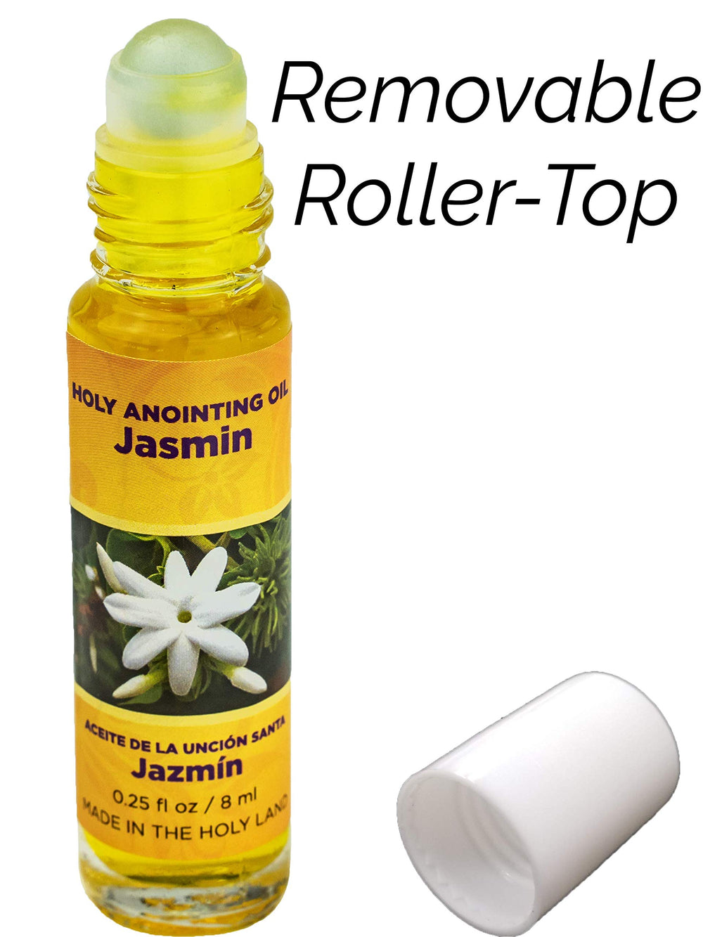 Jerusalem label on a Jasmin oil bottle showcasing Holy Land origin.