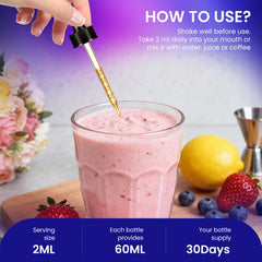 LoioMay bottle and dropper emphasizing GMP-certified quality and absorption aids.