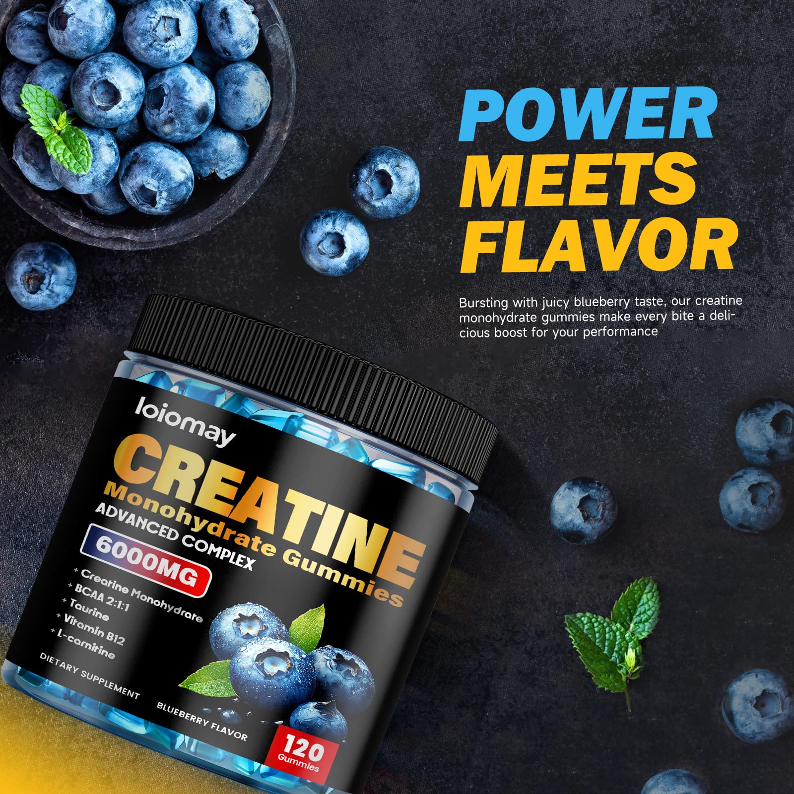 loiomay gummies ingredient panel highlighting BCAA and taurine for workout endurance