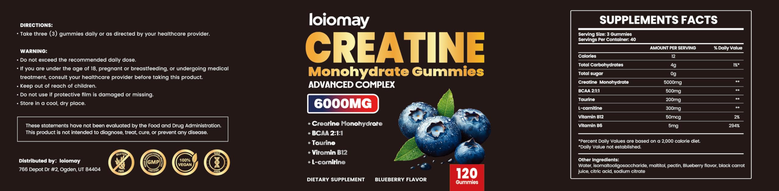 loiomay supplement label nutrition facts, GMP quality assurance badge