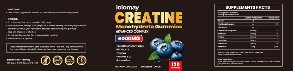 loiomay supplement label nutrition facts, GMP quality assurance badge