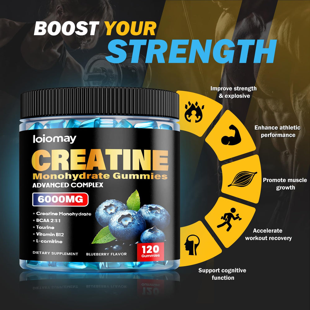 loiomay creatine gummies packaging close-up, sugar-free and convenient travel preworkout