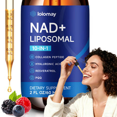 Loiomay liposomal NAD+ drops bottle shows high-absorption formula for daily energy.