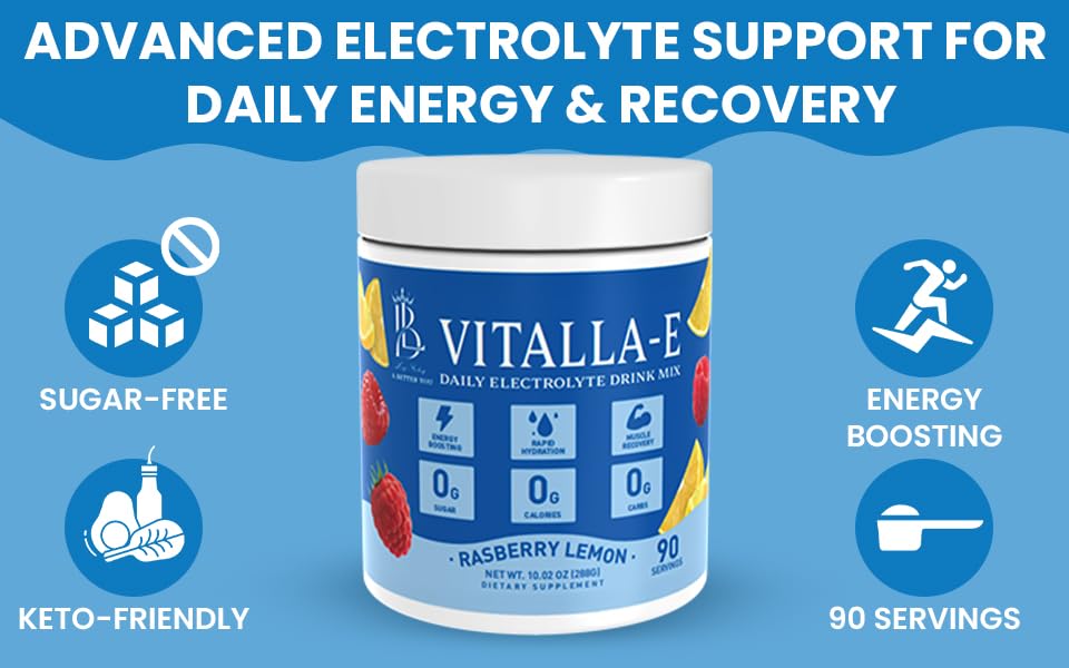 Lojo Vitalla-E tub highlighting sugar-free, keto-friendly formula for healthy hydration.