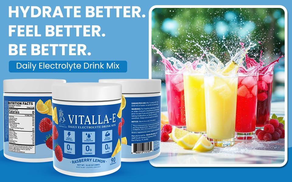 Lojo Vitalla-E powder dissolves in water for refreshing Raspberry Lemon hydration.