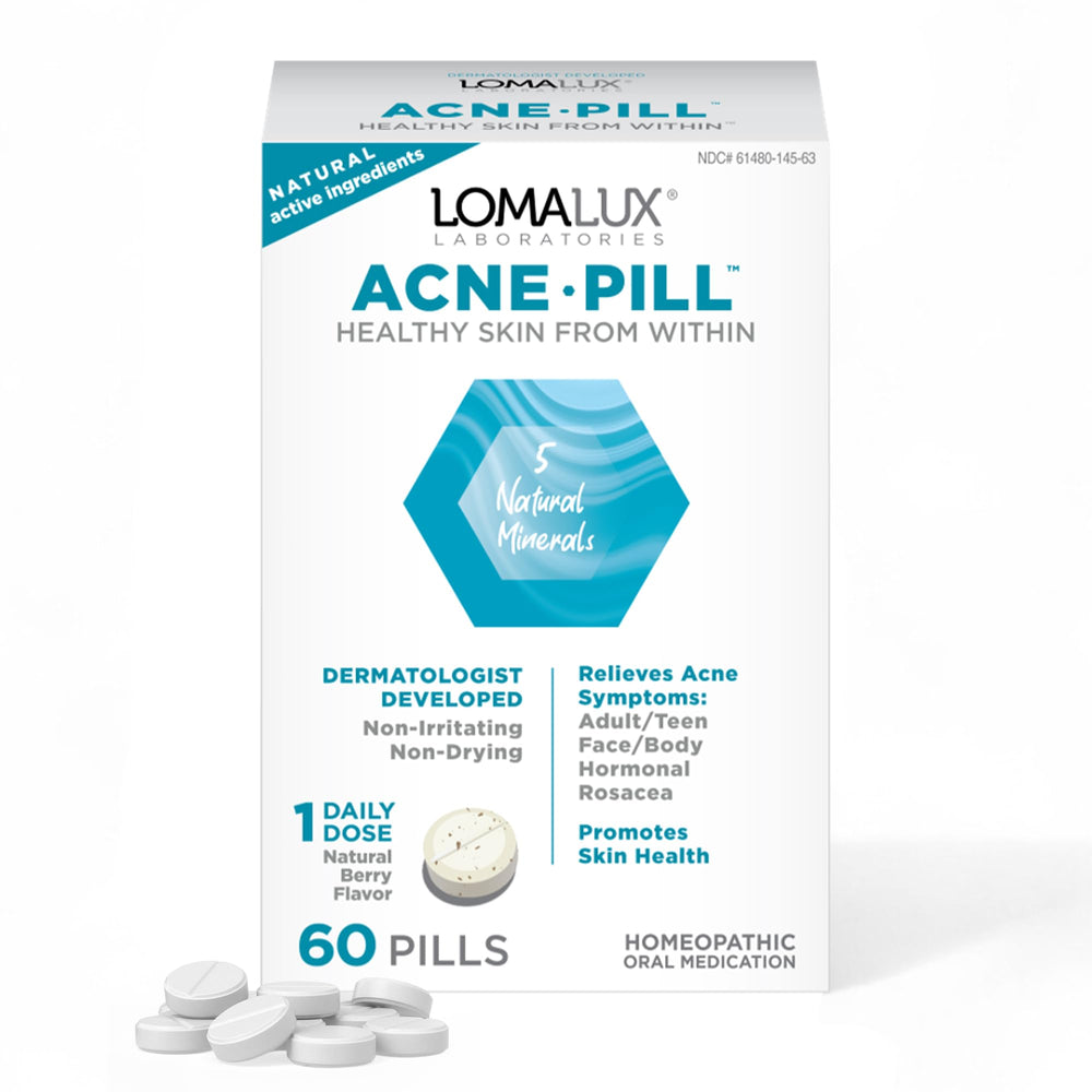 Loma Lux Acne Pills bottle front shows branding for daily skin support