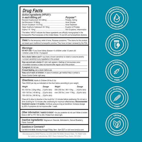 Loma Lux Acne Pills bottle label details highlight natural minerals for skin health