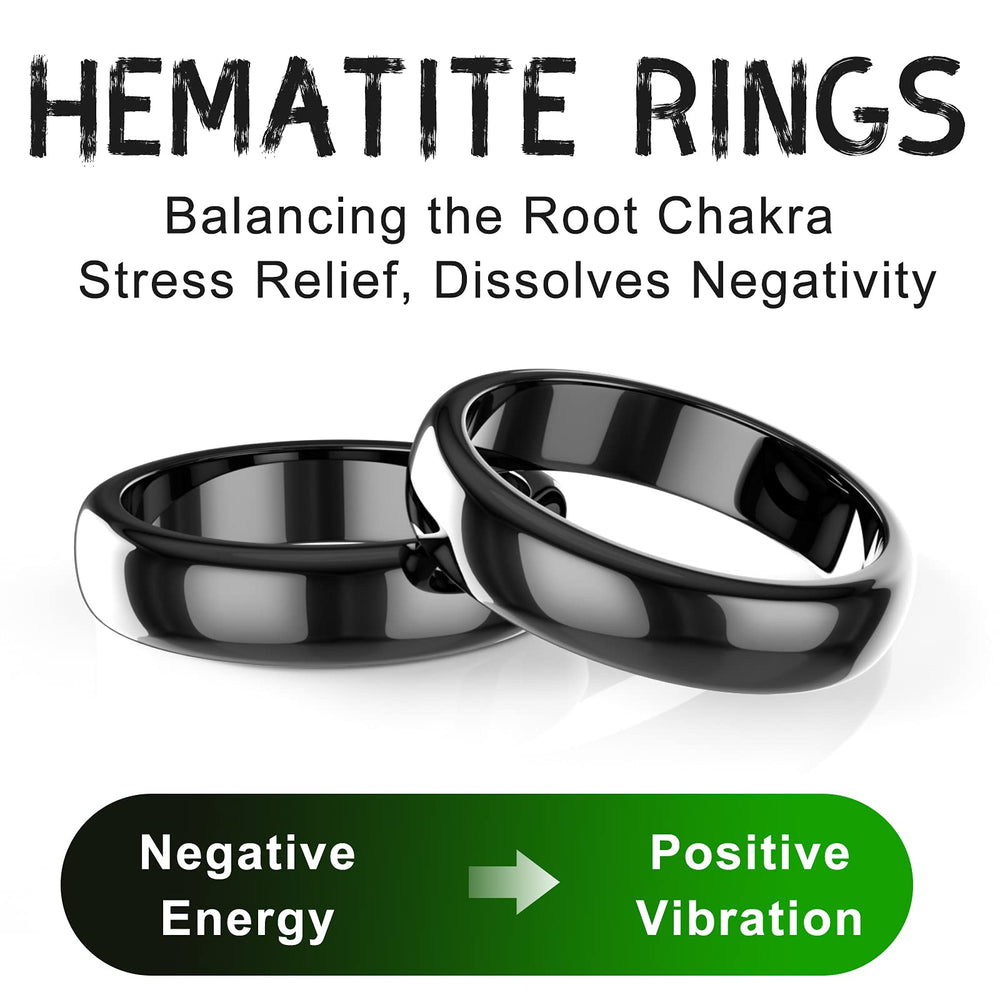 Lonage hematite ring worn on finger demonstrates unisex fit for meditation and calm.