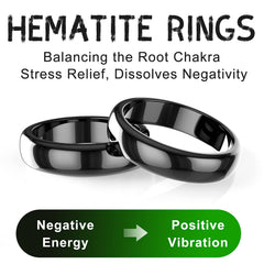 Lonage hematite ring worn on finger demonstrates unisex fit for meditation and calm.