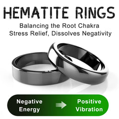 Lonage hematite ring worn on finger with sleek non-metal band.