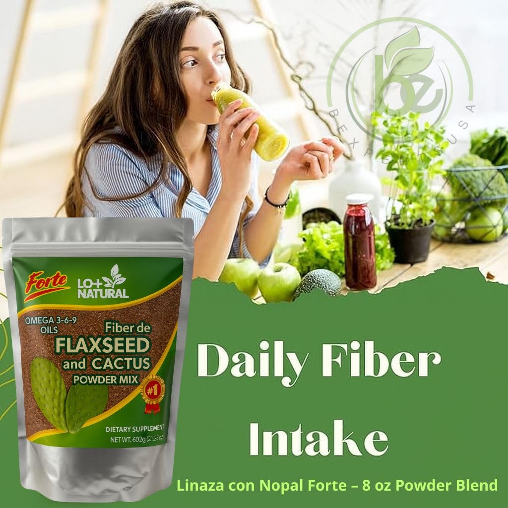 LO+NATURAL ground flaxseed and nopal powder blend on a measuring spoon.