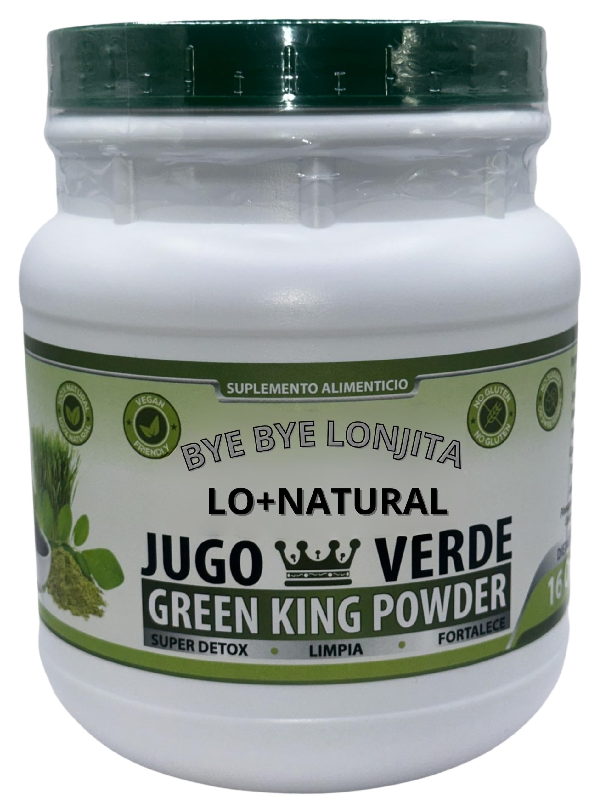 LO+NATURAL Green King powder bottle ready for a quick detox in water.