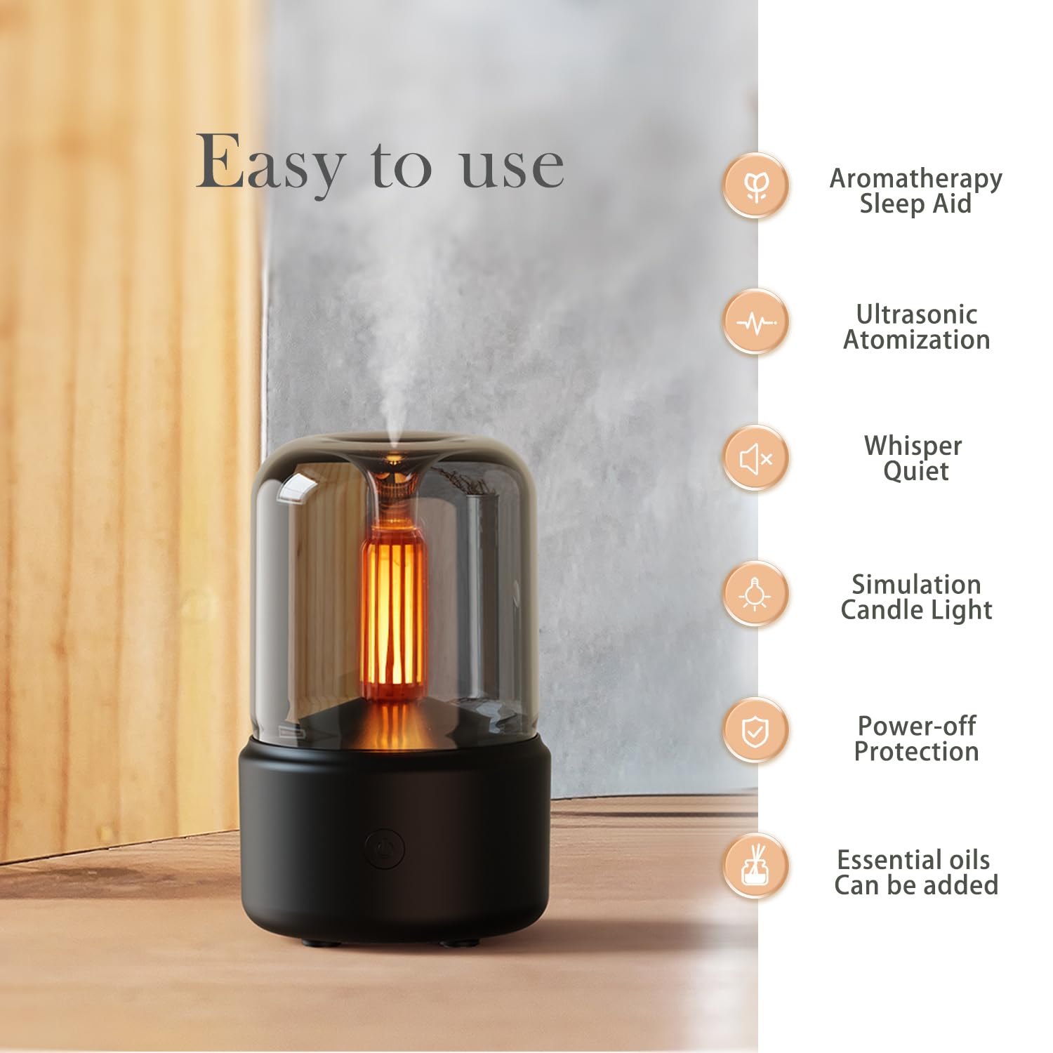 Difusor LONCIN con efecto vela realista para ambientes cálidos.