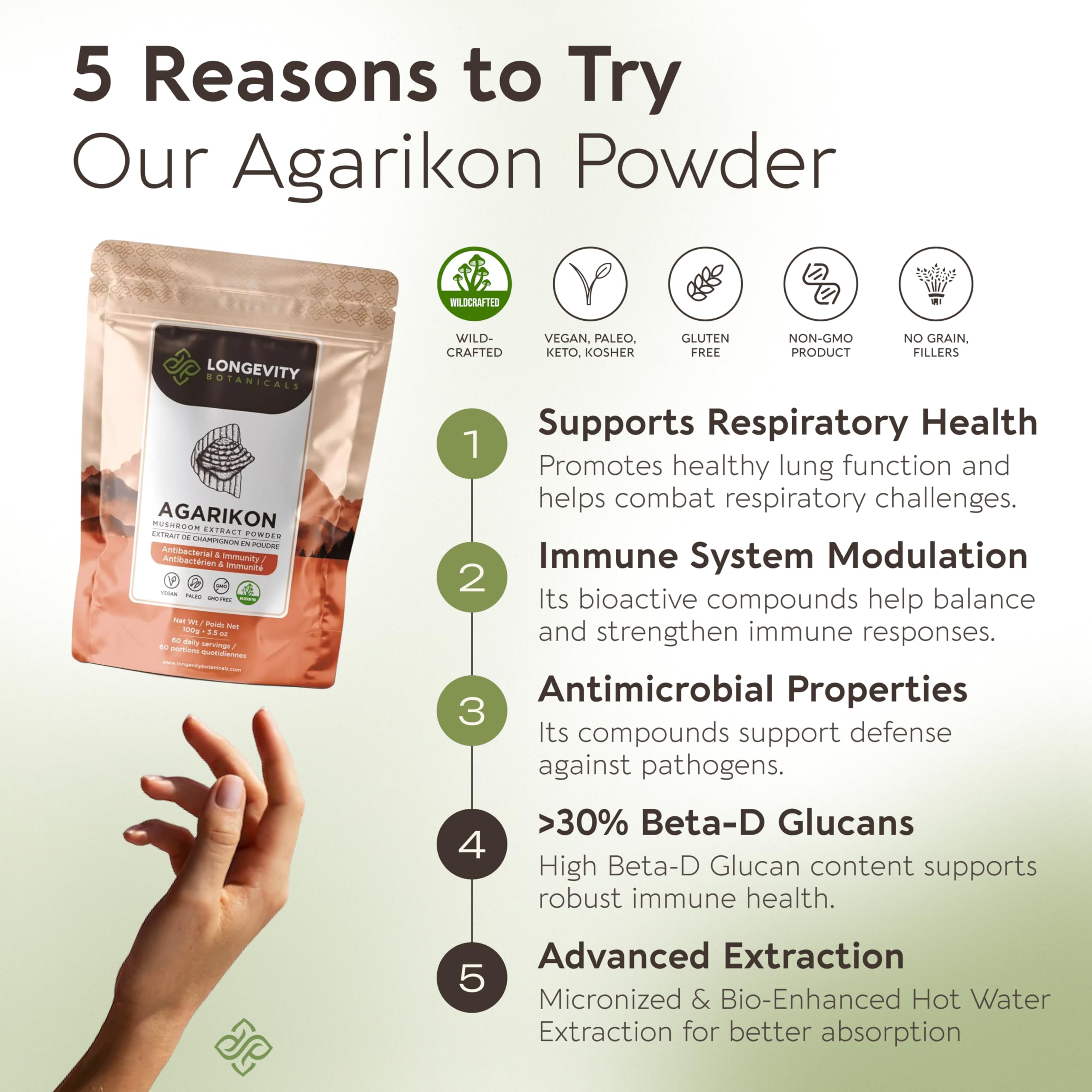 Longevity Botanicals Agarikon extract label shows 10:1 concentration for respiratory balance.