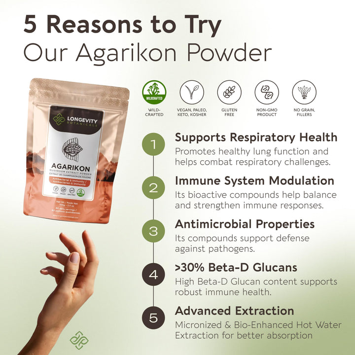 Longevity Botanicals Agarikon extract label shows 10:1 concentration for respiratory balance.