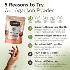Longevity Botanicals Agarikon extract label shows 10:1 concentration for respiratory balance.