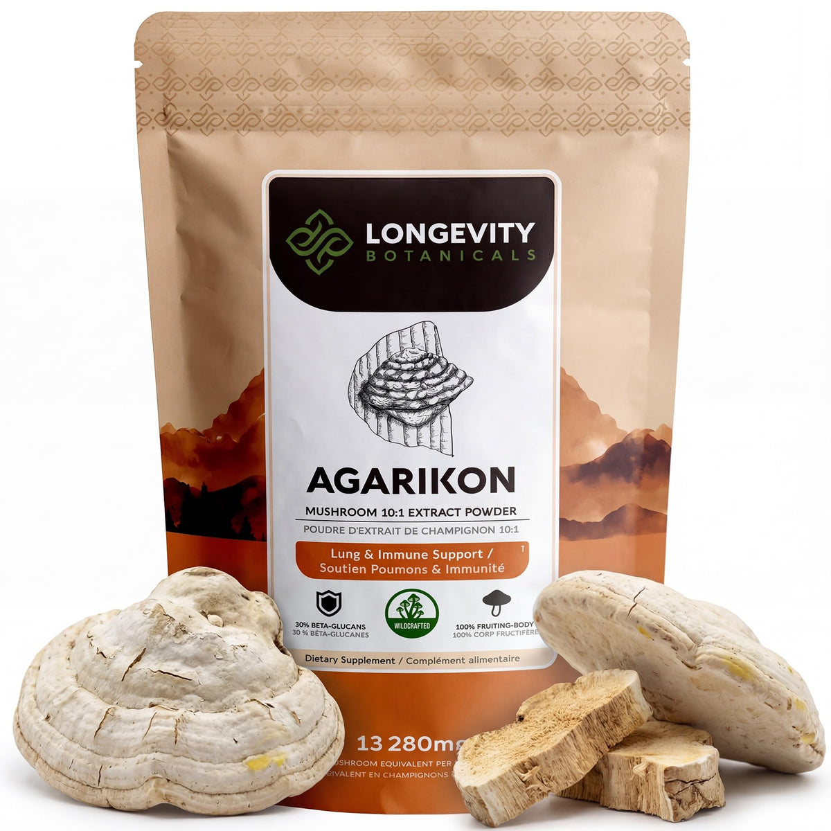 Longevity Botanicals Agarikon powder bottle highlights pure fruiting-body formula for immune support.