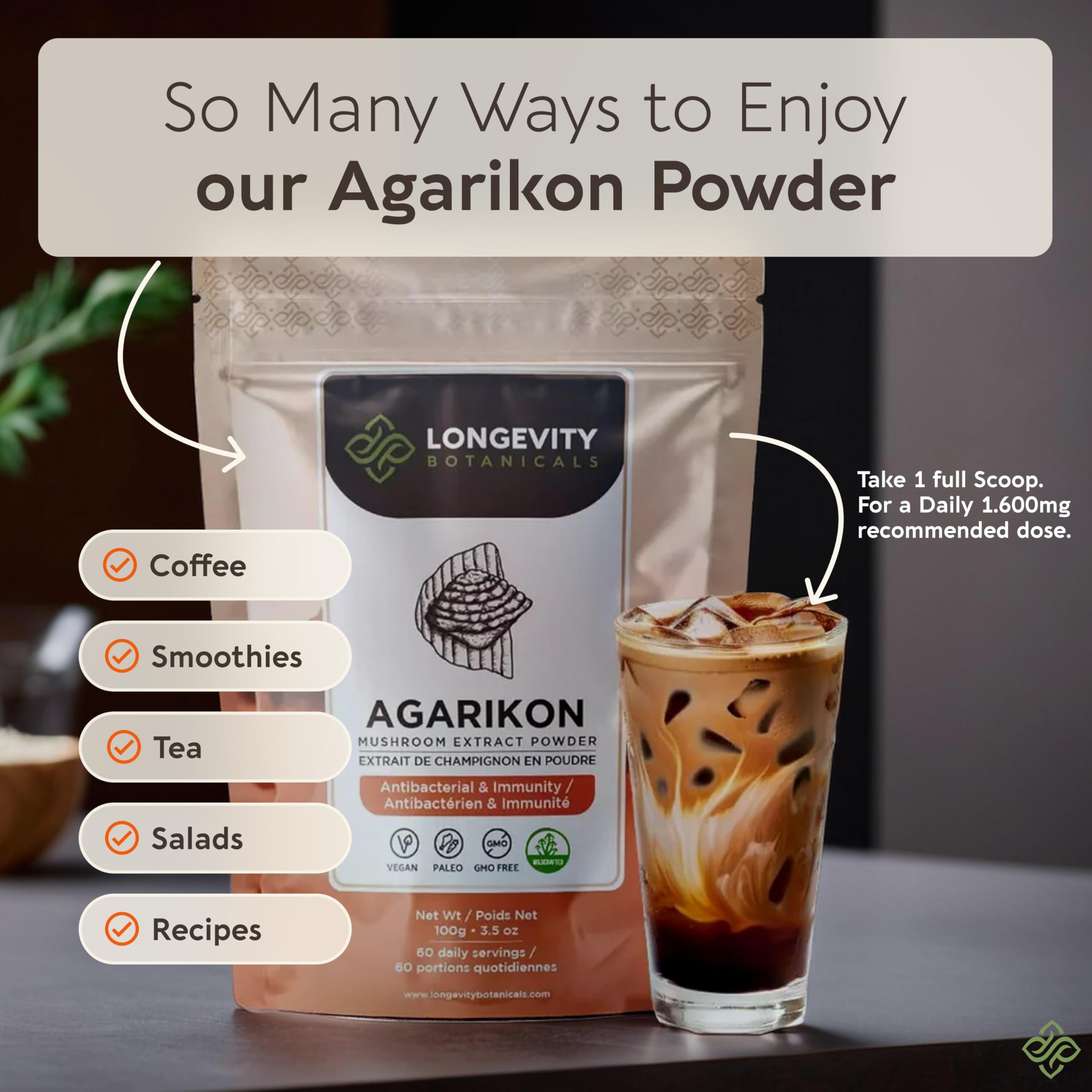 Longevity Botanicals beta-glucans info card highlights standardized 30% beta-D-glucans.