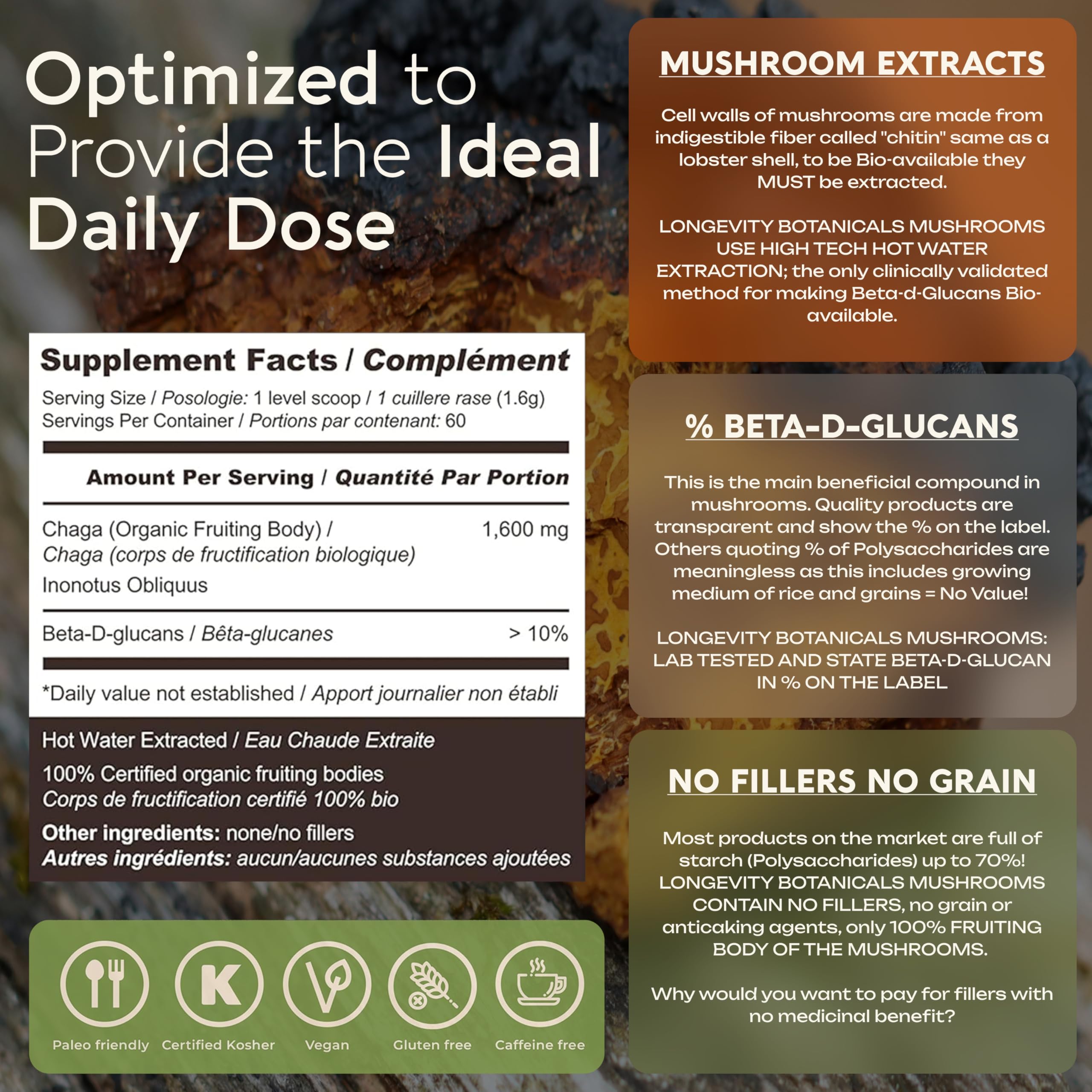 Third-party verified Beta-D-Glucans on Longevity Botanicals Chaga label.