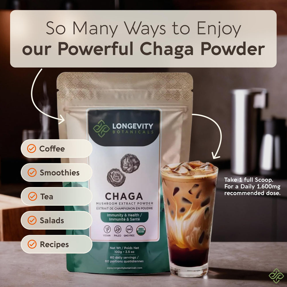 USDA Organic packaging of Longevity Botanicals Chaga extract.