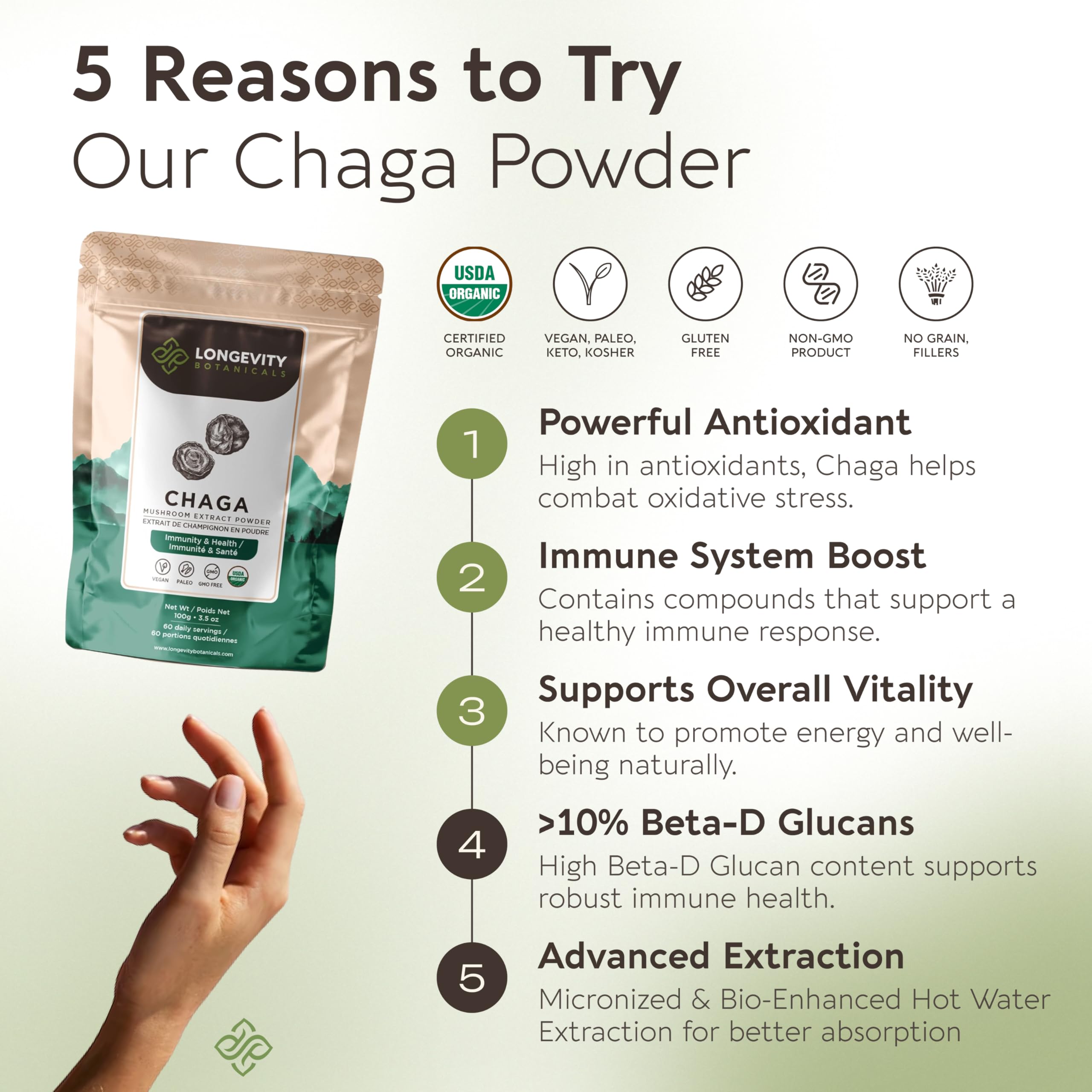 Longevity Botanicals Chaga powder with scoop ready for smoothies and hot beverages.