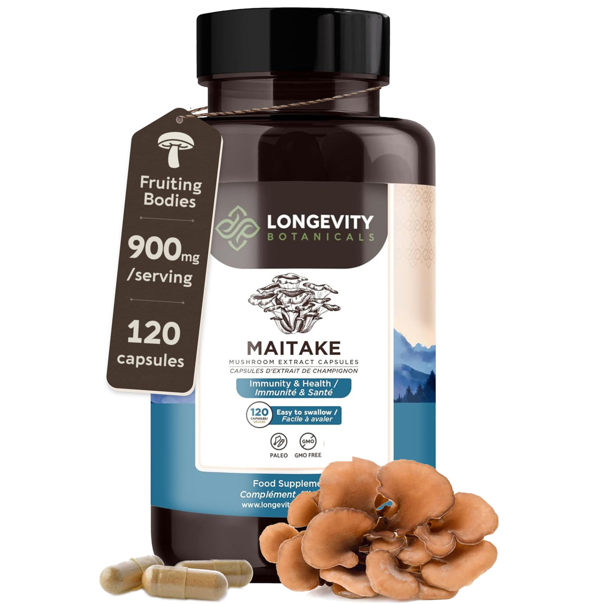 Longevity Botanicals Maitake bottle front showing organic extract for gut health