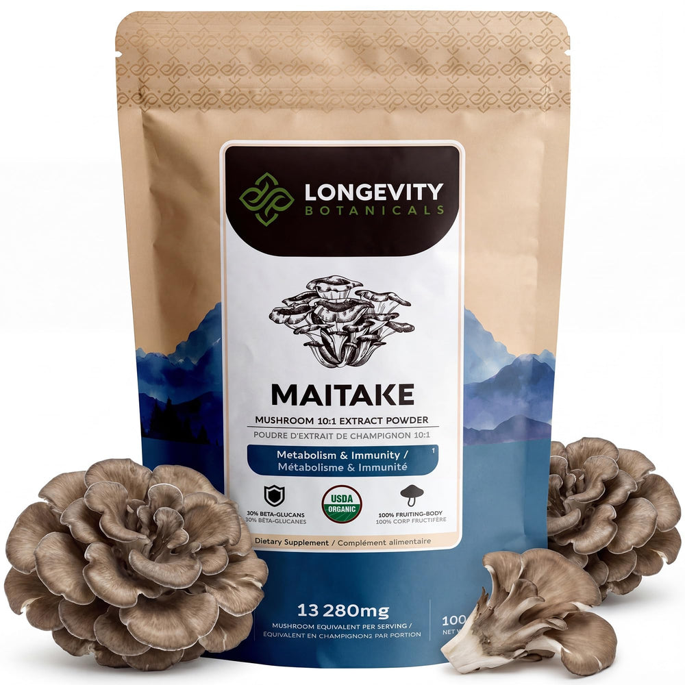 Longevity Botanicals Maitake powder bottle image highlighting immune support and daily vitality.