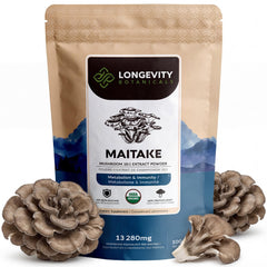 Longevity Botanicals Maitake powder bottle image highlighting immune support and daily vitality.