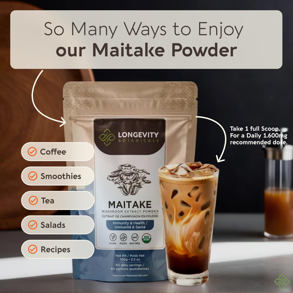 Longevity Botanicals Maitake powder dissolving in hot water for fast absorption.