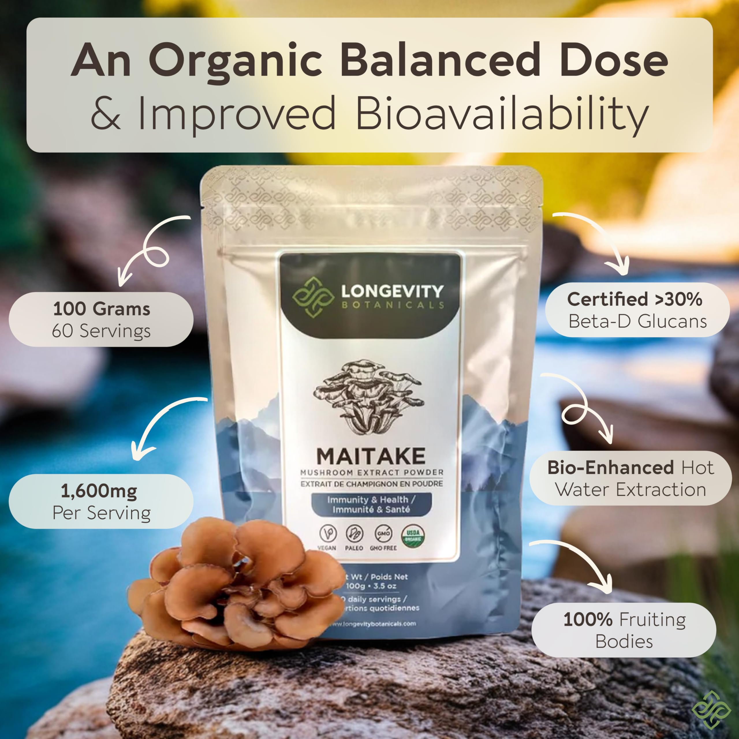 Longevity Botanicals Maitake powder label highlighting 30% beta-D-glucans and potency.