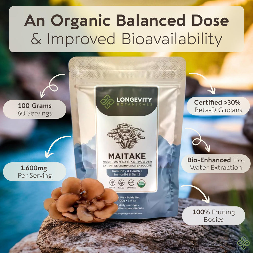 Longevity Botanicals Maitake powder label highlighting 30% beta-D-glucans and potency.