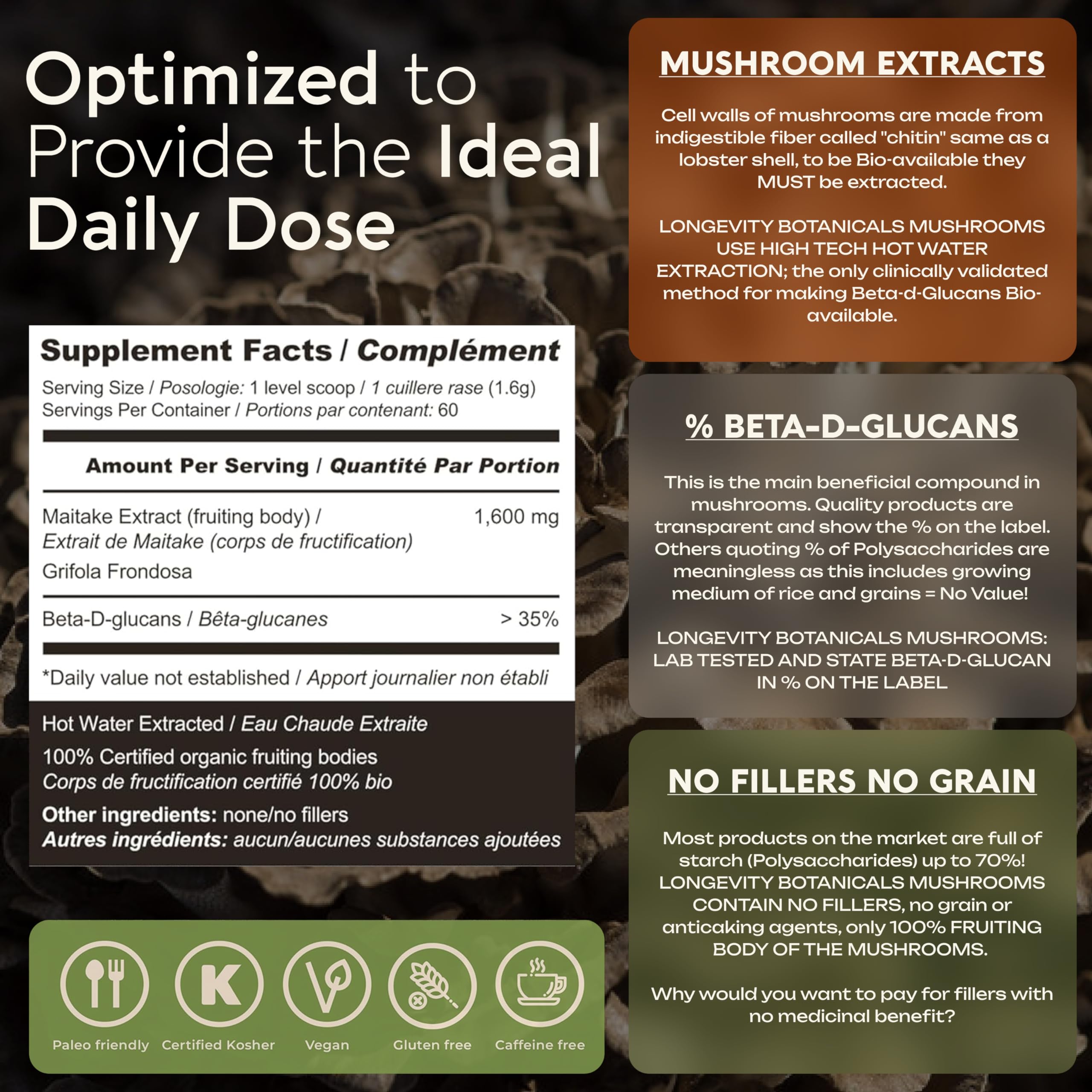 Longevity Botanicals Maitake powder packaging visuals reflect premium quality.